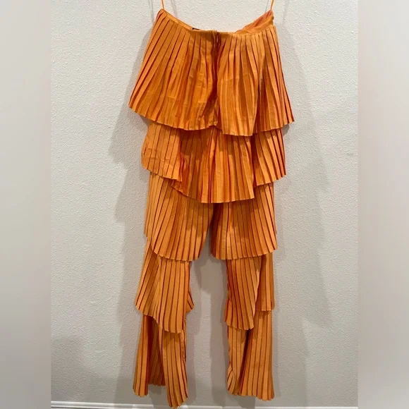 Andrea Iyamah Vibrant Orange Tami Pleated Tiered Wide Leg Pants Size Medium - Picture 6 of 10